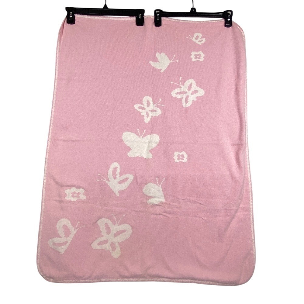 Pottery Barn Kids Knitted Pink Butterfly Blanket 30 X 40"100%‎ Cotton Reversible